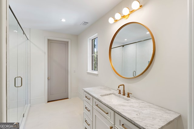 490 Mount Paran Rd, Atlanta, GA 30327 - bathroom with vanity, recessed lighting, a stall shower, and baseboards