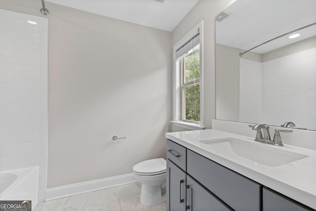 full bath featuring vanity, toilet, marble finish floor, baseboards, and  shower combination