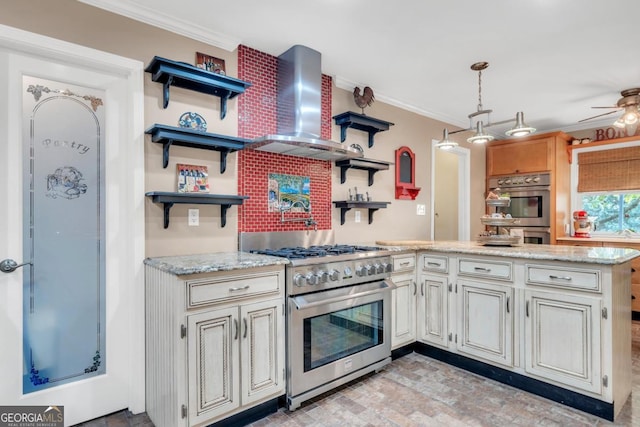 kitchen with wall chimney range hood, stainless steel appliances, open shelves, and ornamental molding