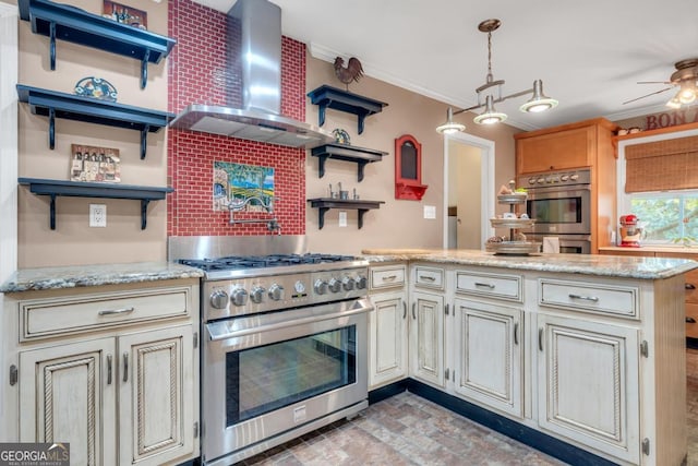 kitchen with open shelves, ornamental molding, a peninsula, wall chimney exhaust hood, and stainless steel appliances