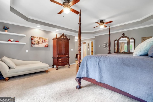 bedroom with crown molding, baseboards, light carpet, a tray ceiling, and recessed lighting