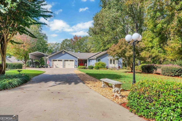 ranch-style home with a garage, a carport, driveway, and a front lawn