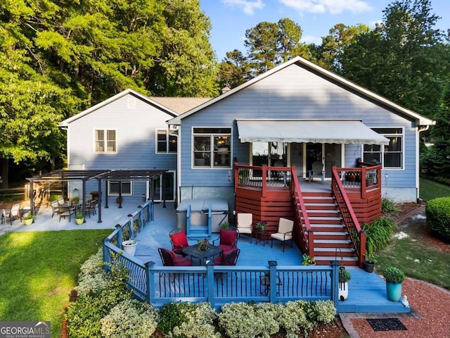 146 Misty Ln, Eatonton, GA 31024 - rear view of property with a pergola, a deck, stairs, a yard, and outdoor dining space