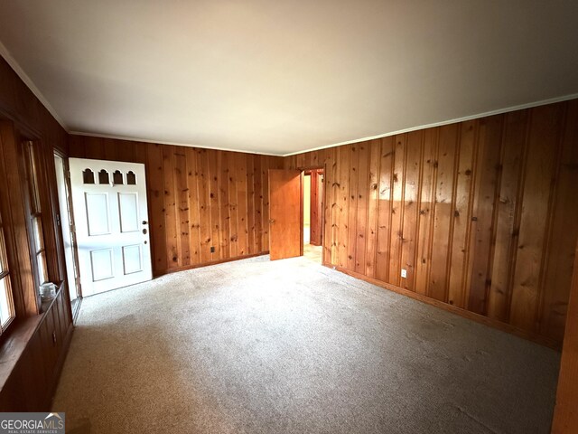 unfurnished room featuring wood walls and carpet