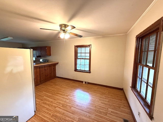 kitchen with freestanding refrigerator, ornamental molding, baseboards, a ceiling fan, and light wood finished floors