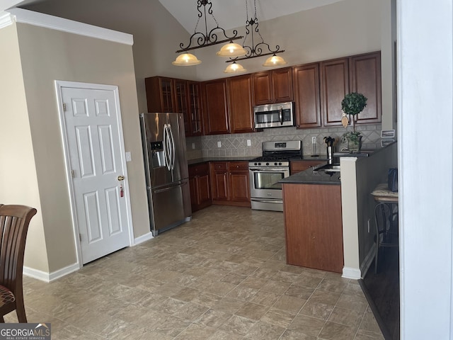 kitchen with decorative backsplash, dark countertops, baseboards, high vaulted ceiling, and stainless steel appliances