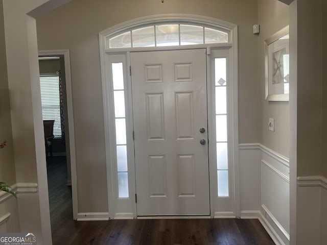 foyer with dark wood-style flooring, wainscoting, and a wealth of natural light