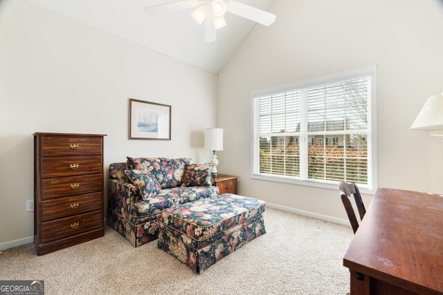 17 Castleview Ct, Jefferson, GA 30549 - office featuring baseboards, ceiling fan, high vaulted ceiling, and light colored carpet