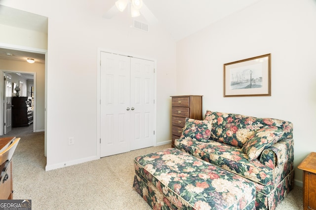 17 Castleview Ct, Jefferson, GA 30549 - sitting room with visible vents, carpet floors, lofted ceiling, baseboards, and a ceiling fan