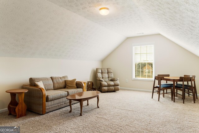 17 Castleview Ct, Jefferson, GA 30549 - living area featuring carpet floors, a textured ceiling, vaulted ceiling, and baseboards