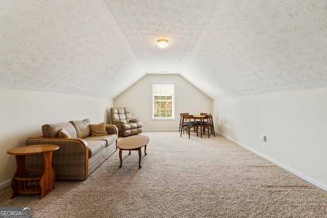 17 Castleview Ct, Jefferson, GA 30549 - living area with a textured ceiling, baseboards, lofted ceiling, and carpet