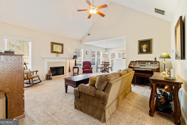 17 Castleview Ct, Jefferson, GA 30549 - living room with visible vents, a ceiling fan, a wealth of natural light, and light colored carpet