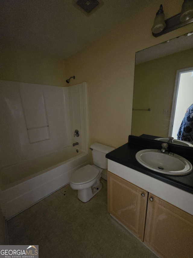 bathroom featuring vanity, toilet, tile patterned floors, shower / bath combination, and visible vents