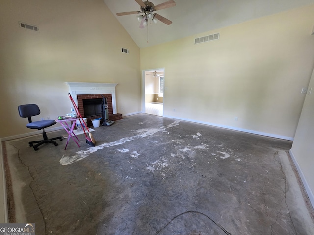 unfurnished living room featuring visible vents and ceiling fan