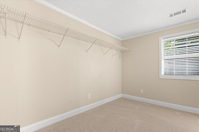 walk in closet with light colored carpet and visible vents