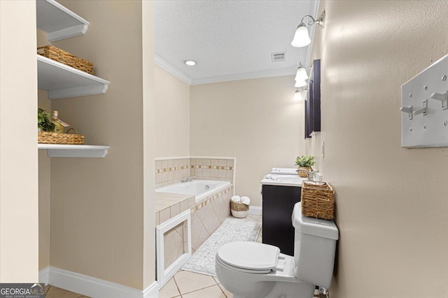 bathroom with tile patterned floors, baseboards, visible vents, ornamental molding, and a garden tub