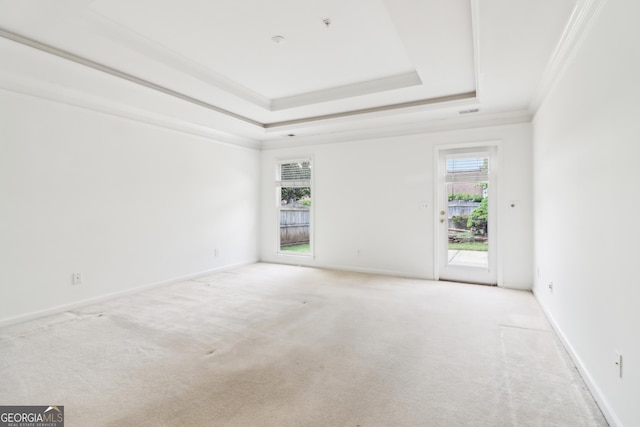 empty room featuring plenty of natural light, ornamental molding, a tray ceiling, and light carpet