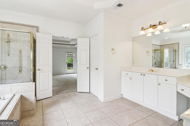 full bath with visible vents, ornamental molding, tile patterned flooring, and a stall shower