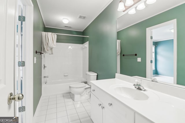 bathroom with visible vents, tile patterned flooring, vanity, toilet, and shower / bath combination