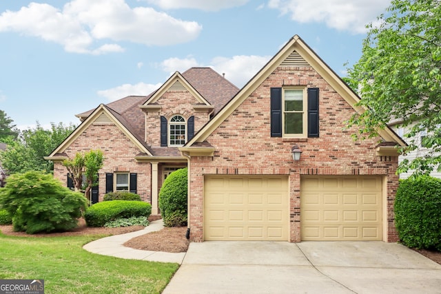 view of front of home featuring a garage, driveway, roof with shingles, and brick siding
