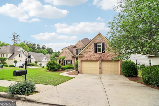 traditional-style house featuring concrete driveway, brick siding, a front lawn, and a garage