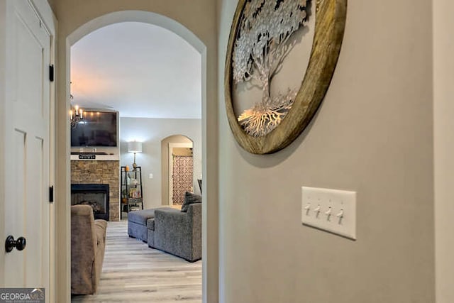 346 Woodland Ln, Hayesville, NC 28904 - hall with arched walkways and wood finished floors