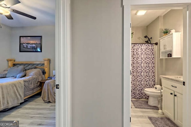 346 Woodland Ln, Hayesville, NC 28904 - full bathroom with vanity, wood finished floors, toilet, a ceiling fan, and ensuite bath
