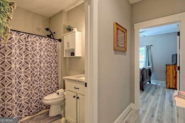 346 Woodland Ln, Hayesville, NC 28904 - bathroom with vanity, toilet, baseboards, wood finished floors, and a shower with curtain