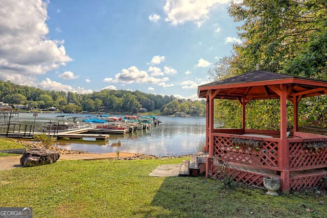 346 Woodland Ln, Hayesville, NC 28904 - dock area with a gazebo, a water view, a view of trees, and a yard
