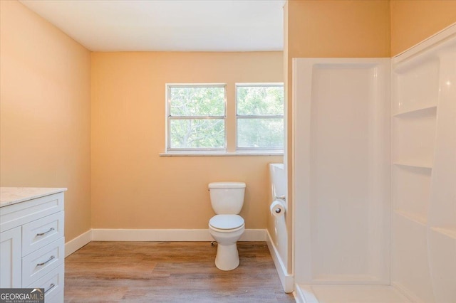 613 Bradley Ave, Lafayette, GA 30728 - bathroom featuring walk in shower, wood finished floors, vanity, baseboards, and toilet