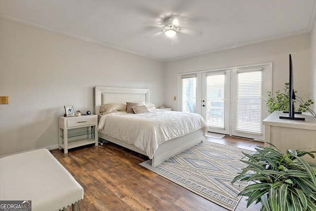 bedroom with access to outside, dark wood-type flooring, crown molding, and ceiling fan