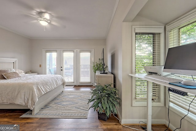 bedroom featuring ornamental molding, access to exterior, french doors, and wood finished floors