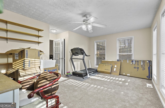 142 Old Hampton Way, Hampton, GA 30228 - workout area with visible vents, a textured ceiling, carpet, and ceiling fan