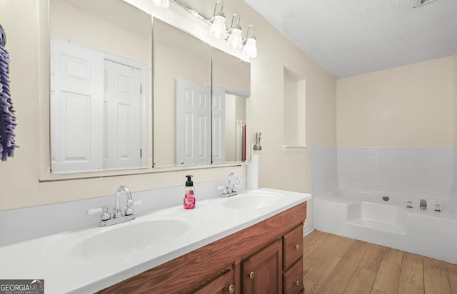 142 Old Hampton Way, Hampton, GA 30228 - bathroom with double vanity, a sink, a bath, and wood finished floors