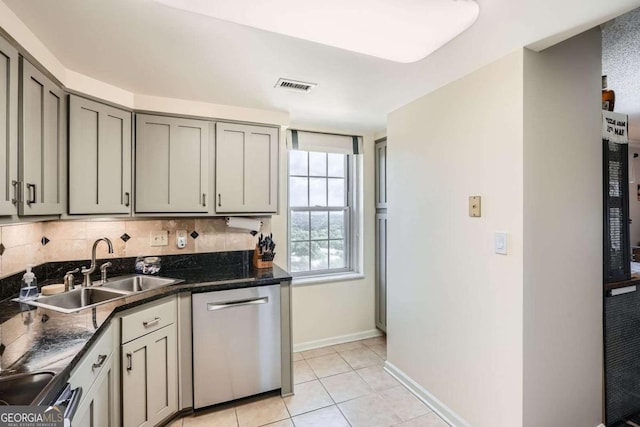 199 14th St Unit 2502, Atlanta, GA 30309 - kitchen with visible vents, dark countertops, a sink, appliances with stainless steel finishes, and gray cabinetry