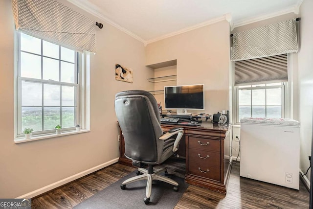199 14th St Unit 2502, Atlanta, GA 30309 - office with crown molding, baseboards, and dark wood-style flooring