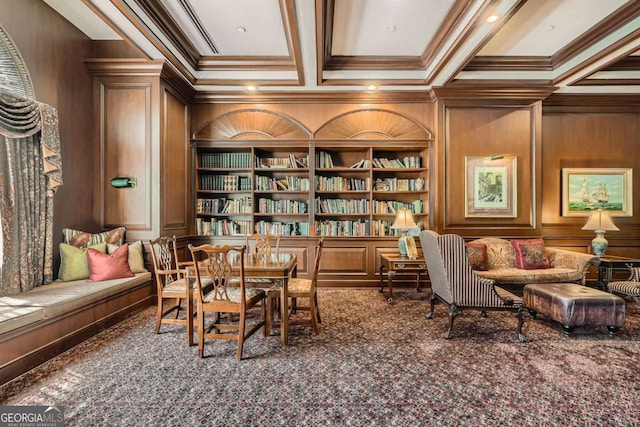 199 14th St Unit 2502, Atlanta, GA 30309 - living area with crown molding, coffered ceiling, and carpet floors