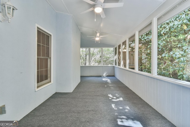 unfurnished sunroom featuring a ceiling fan, lofted ceiling, and carpet flooring