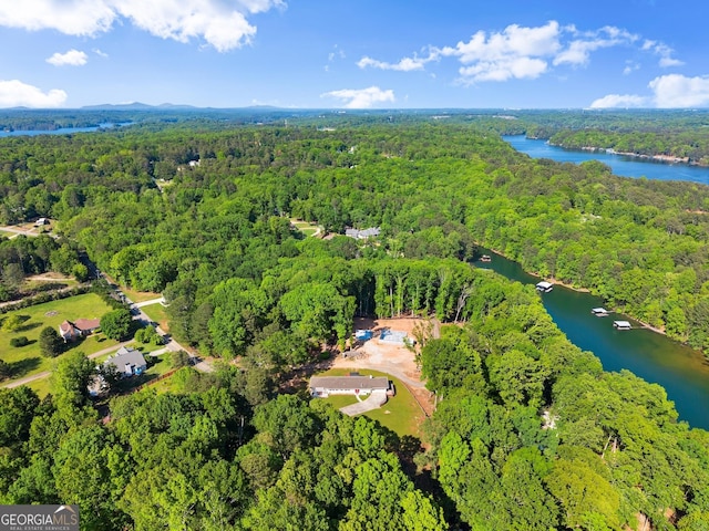 drone / aerial view with a water view and a wooded view