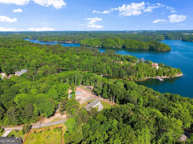 aerial view featuring a view of trees and a water view
