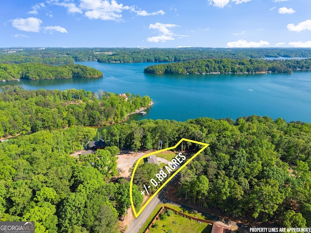 drone / aerial view featuring a water view and a wooded view
