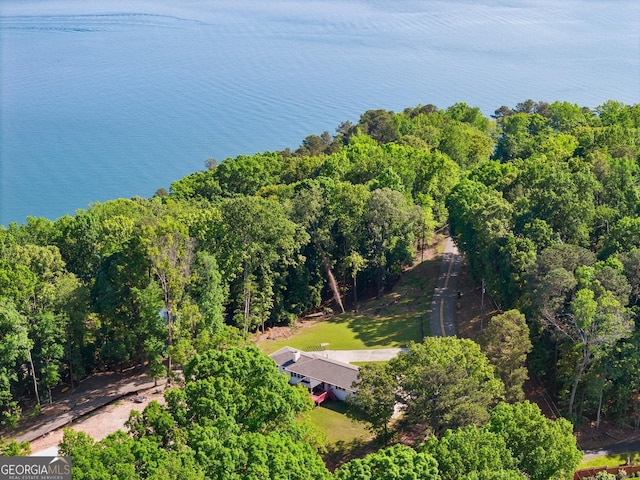 birds eye view of property featuring a forest view and a water view