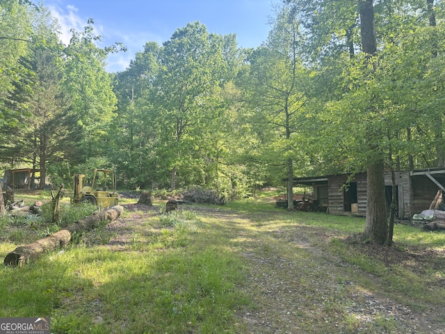 view of yard featuring an outdoor structure and a wooded view