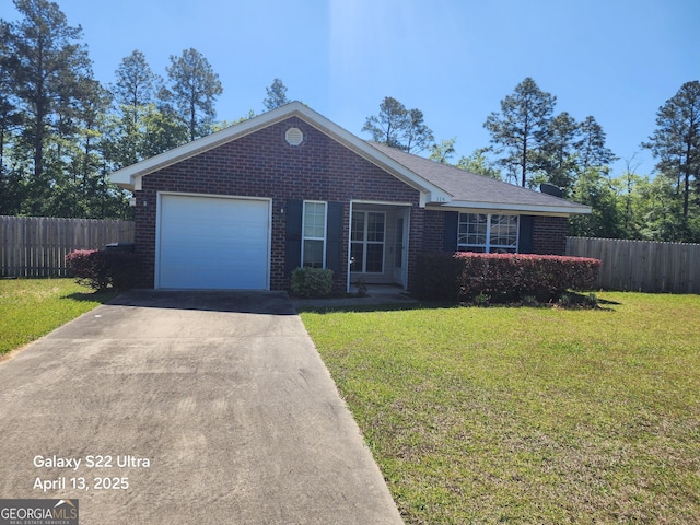 ranch-style home featuring concrete driveway, brick siding, fence, and a garage