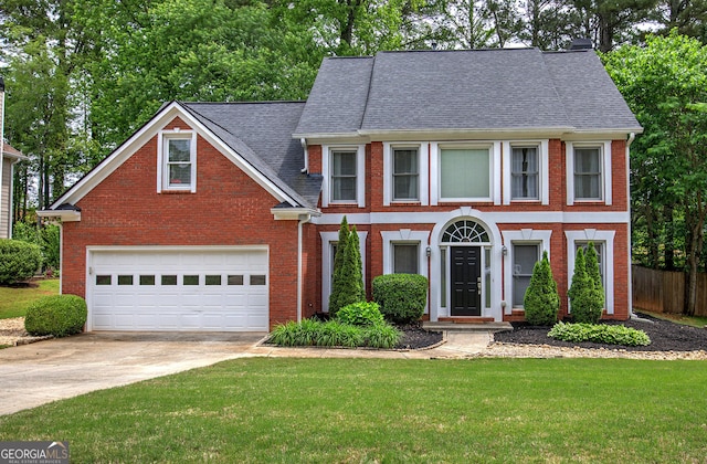 3186 Sail Winds Dr NW, Acworth, GA 30101 - colonial house featuring a garage, driveway, brick siding, and roof with shingles
