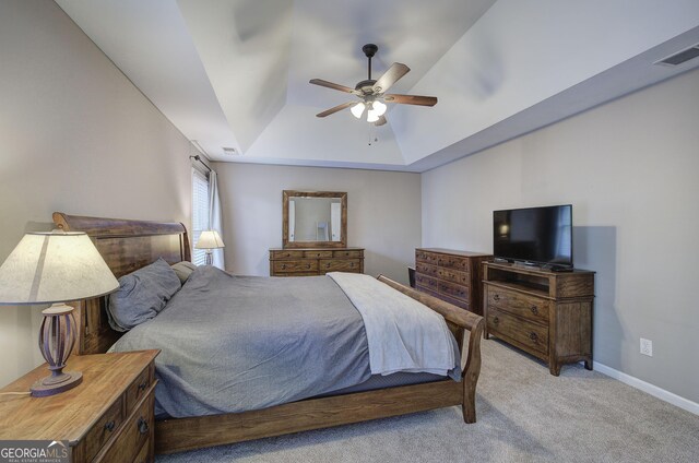 3186 Sail Winds Dr NW, Acworth, GA 30101 - bedroom featuring visible vents, baseboards, ceiling fan, light colored carpet, and a raised ceiling