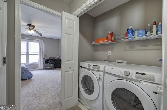 3186 Sail Winds Dr NW, Acworth, GA 30101 - laundry room with washer and dryer, carpet, and a ceiling fan