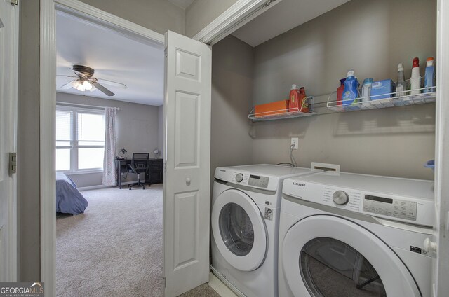3186 Sail Winds Dr NW, Acworth, GA 30101 - laundry area with carpet flooring, a ceiling fan, laundry area, and washer and clothes dryer