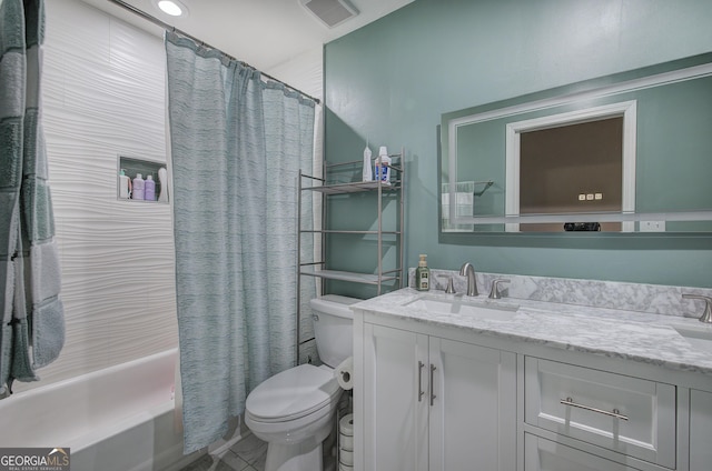 3186 Sail Winds Dr NW, Acworth, GA 30101 - bathroom with visible vents, shower / tub combo with curtain, double vanity, toilet, and a sink