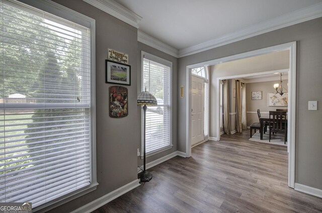 3186 Sail Winds Dr NW, Acworth, GA 30101 - doorway with crown molding, baseboards, a chandelier, and wood finished floors